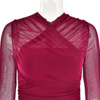 Flowering Girl Women LONG SLEEVE RUCHED MESH DRESS IN WINE