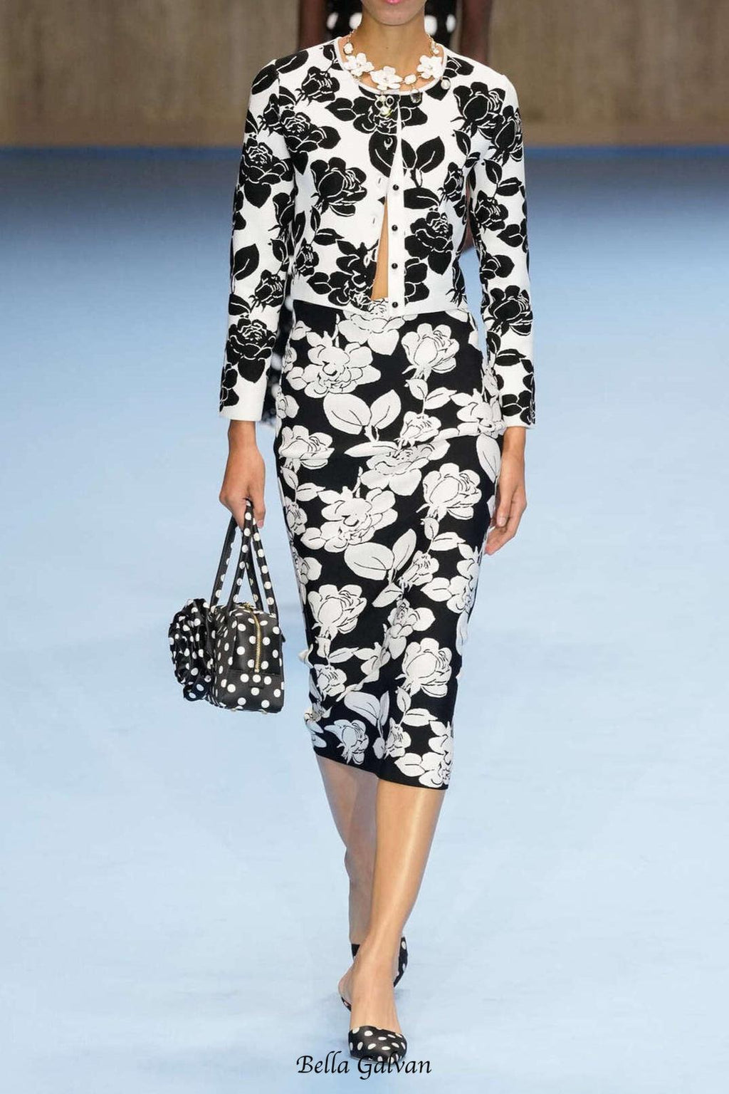 Flowering Girl Women knit floral jacquard midi pencil cardigan skirt set