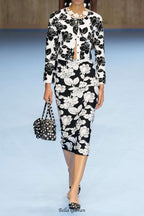 Flowering Girl Women knit floral jacquard midi pencil cardigan skirt set