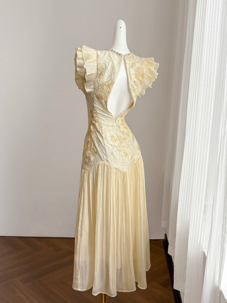 Cream Lace Floral Embroidered Maxi Dress With Ruffled Sleeves