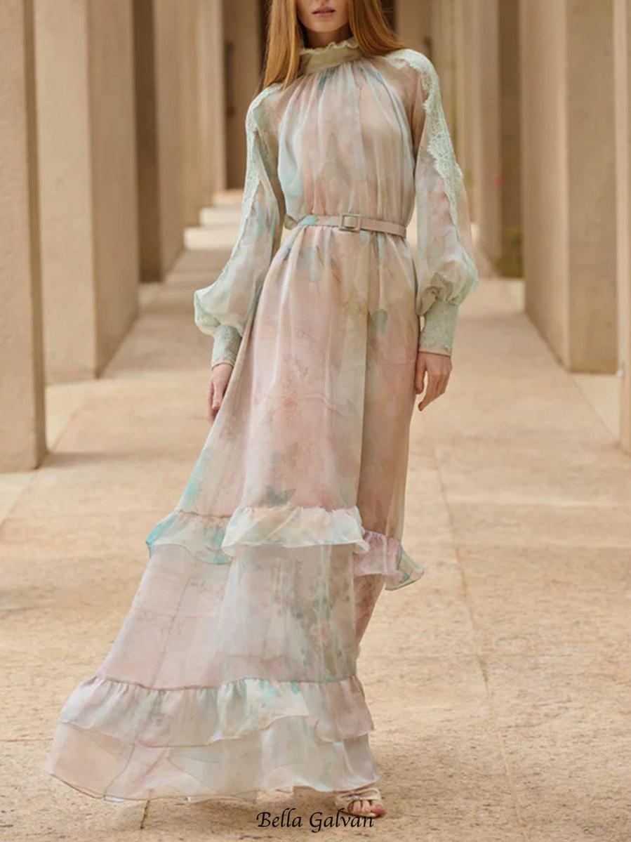 olga floral print  lantern sleeve layer Sheer maxi dress