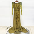 Flowering Girl Women nail bead set with diamonds small trailing long dress olive green