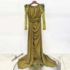 Flowering Girl Women nail bead set with diamonds small trailing long dress olive green