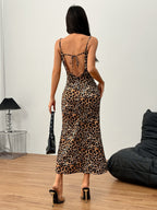 Flowering Girl Women Leopard print halter backless maxi dress