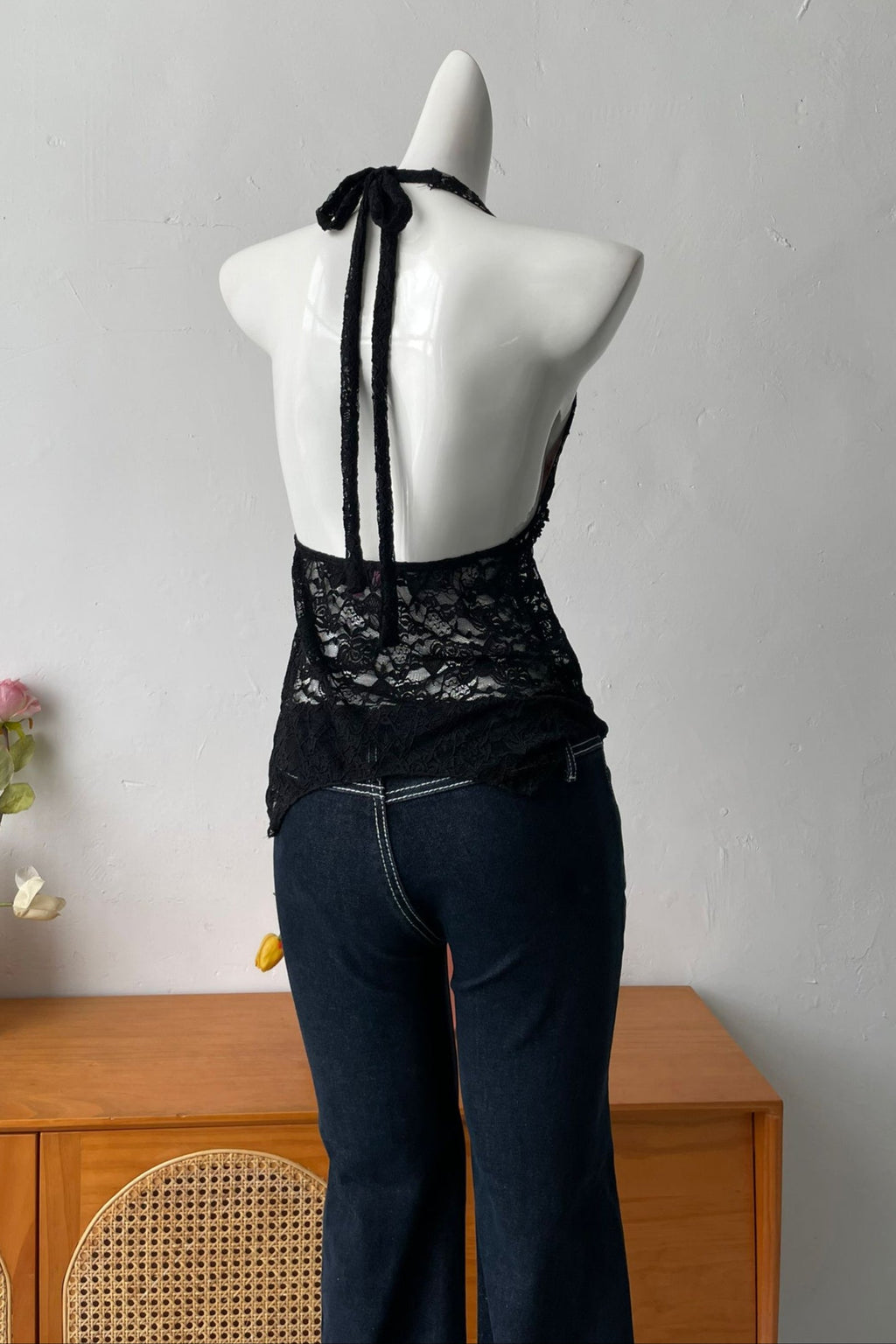 Flowering Girl Women Backless Sheer Lace Halter Top In Black