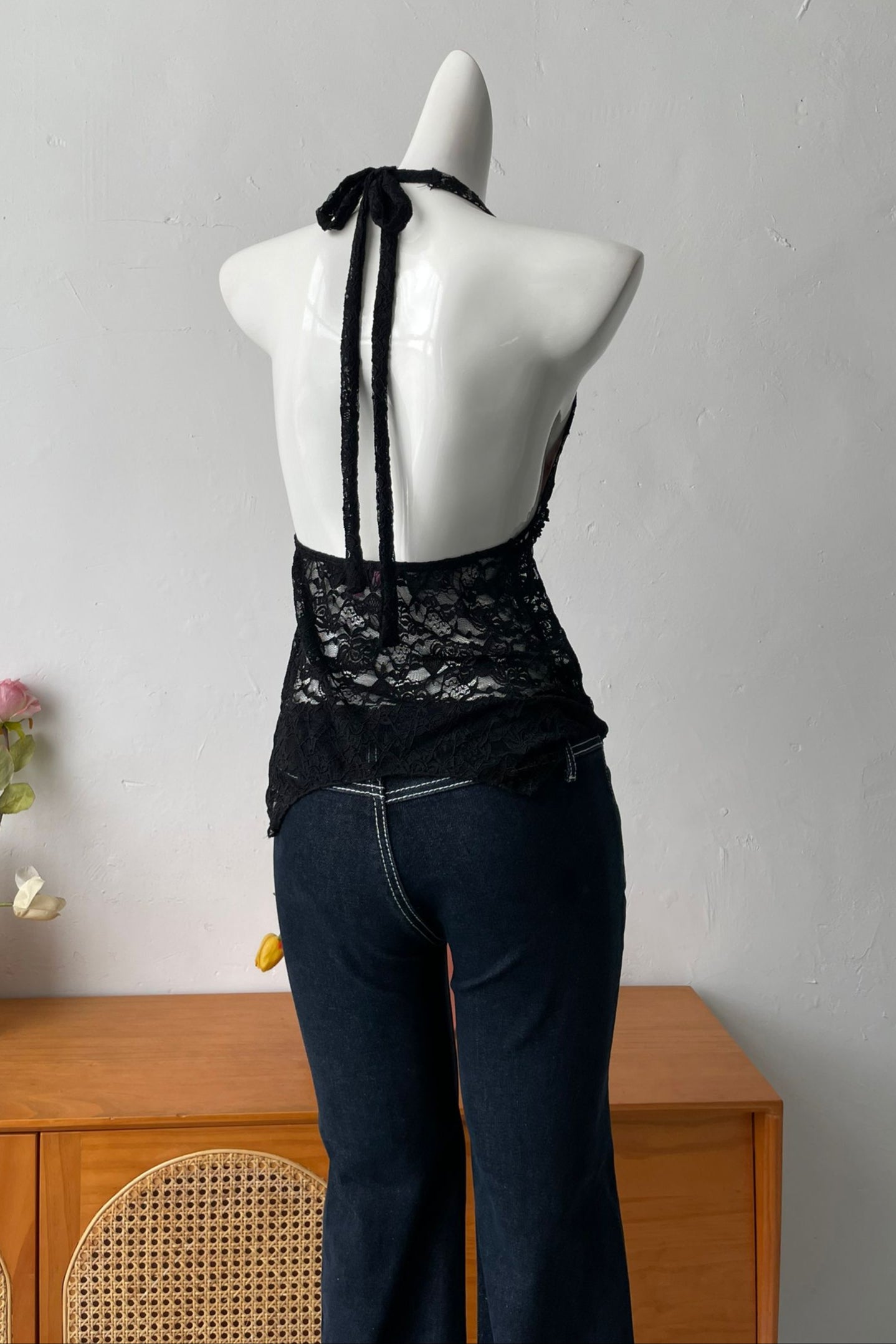 Flowering Girl Women Backless Sheer Lace Halter Top In Black