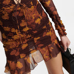 Flowering Girl Women floral print hollow tulle mini dress in brown