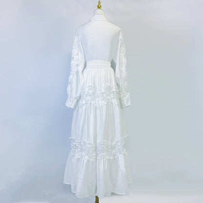 alexandra Splicing Flapped Lace hollow Midi Dress in white