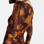 Flowering Girl Women floral print hollow tulle mini dress in brown