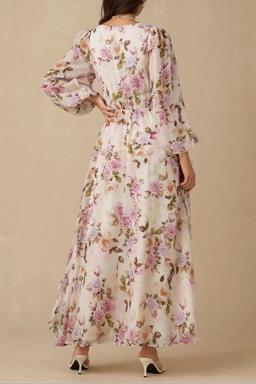 Victoria Multicolor v-Neck Floral Print Puff Sleeve Maxi Dress