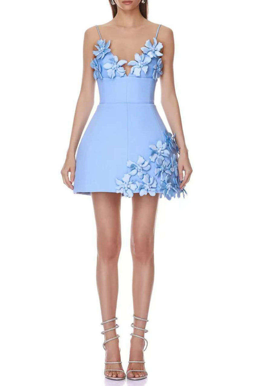 Lyuba 3d Flower Embellished A-Line Mini Dress - Blue
