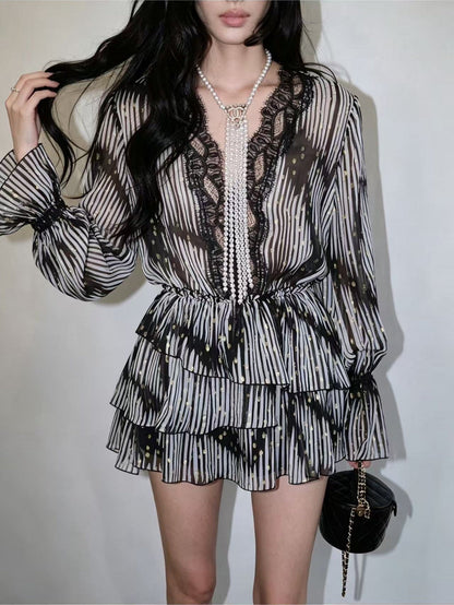 georgia Lace V-neck printed gold leather jacquard mini shirt dress - black