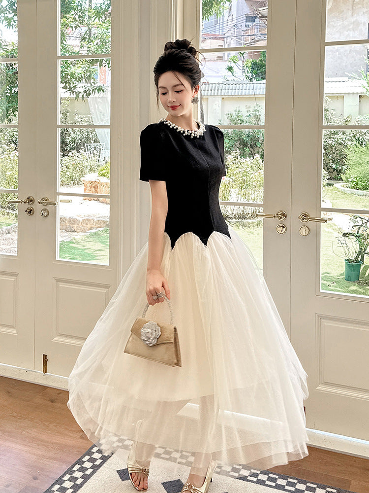 Leona Black-White Two-Tone Rhinestone Neck Tulle Maxi Dress