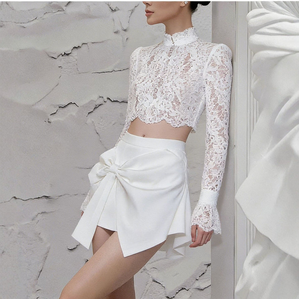 Lace Stand-Up Collar Long Sleeve Bow Skirt