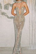 Silver Crystal Mesh Keyhole Cutout Mermaid Gown
