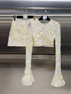Nefertiti Apricot Embroidered Floral Backless T-Shirt And Skirt Set
