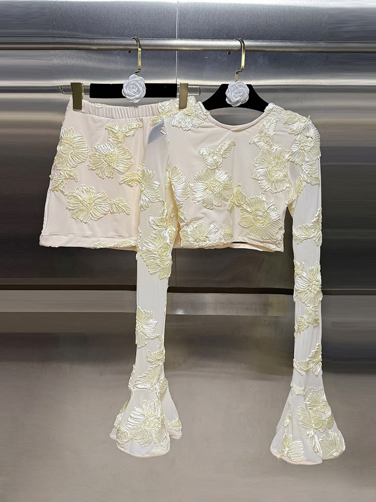 Nefertiti Apricot Embroidered Floral Backless T-Shirt And Skirt Set