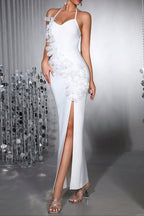 Flowering Girl Women Anila 3d Floral Halter High Slit Maxi Dress In White