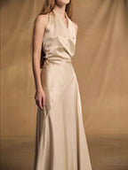 Flowering Girl Women kay Champagne crepe bias-cut satin halter maxi dress