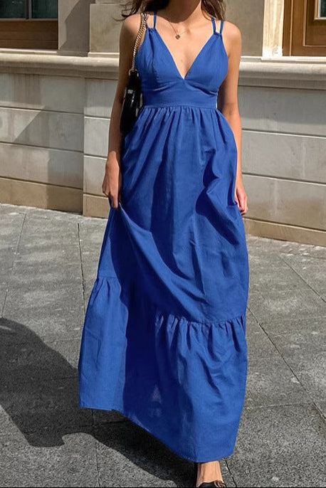 Flowering Girl Women Blue V-neck camisole linen A-line maxi dress