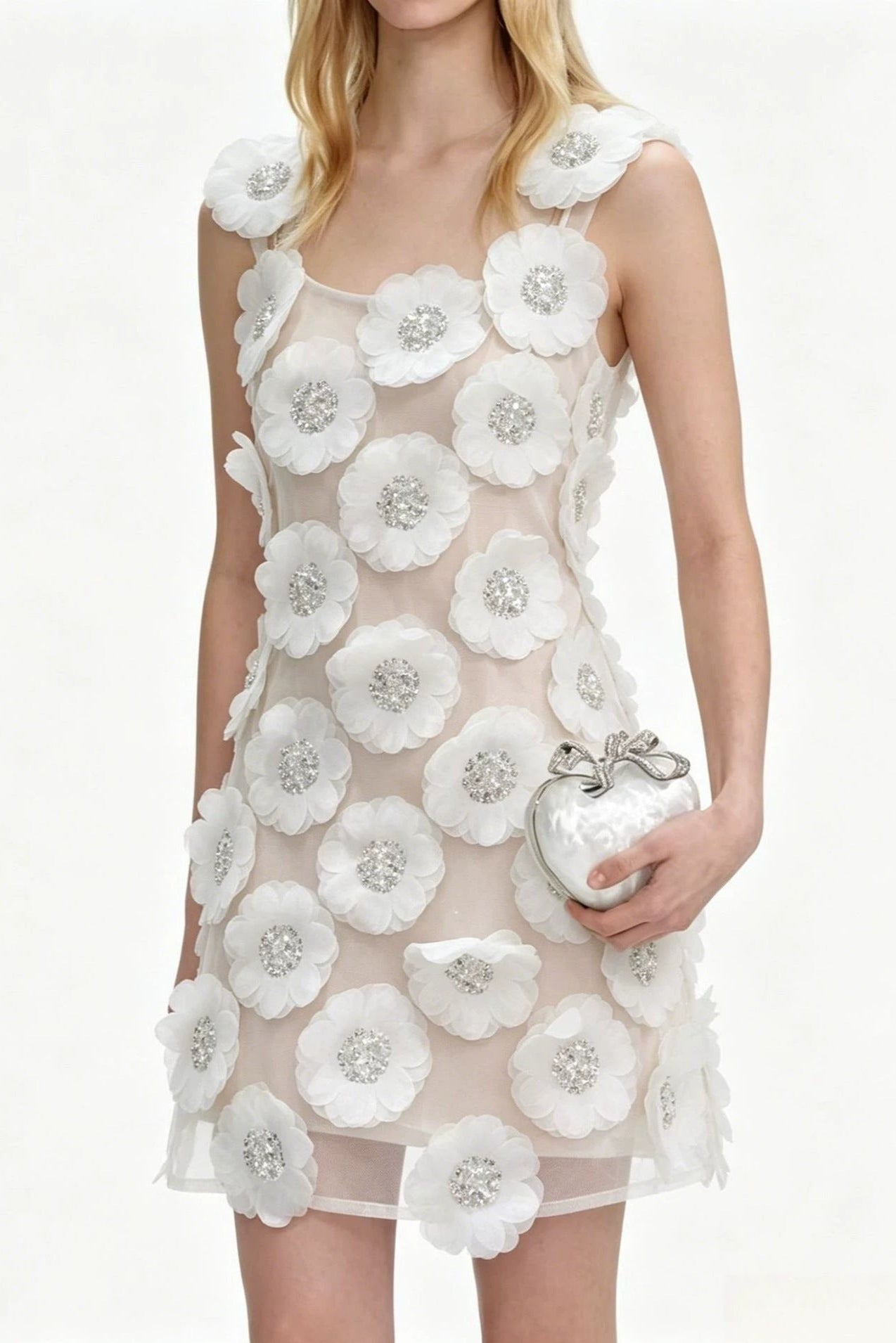 Flowering Girl Women lola Rhinestone 3D Flowers mini dress - white