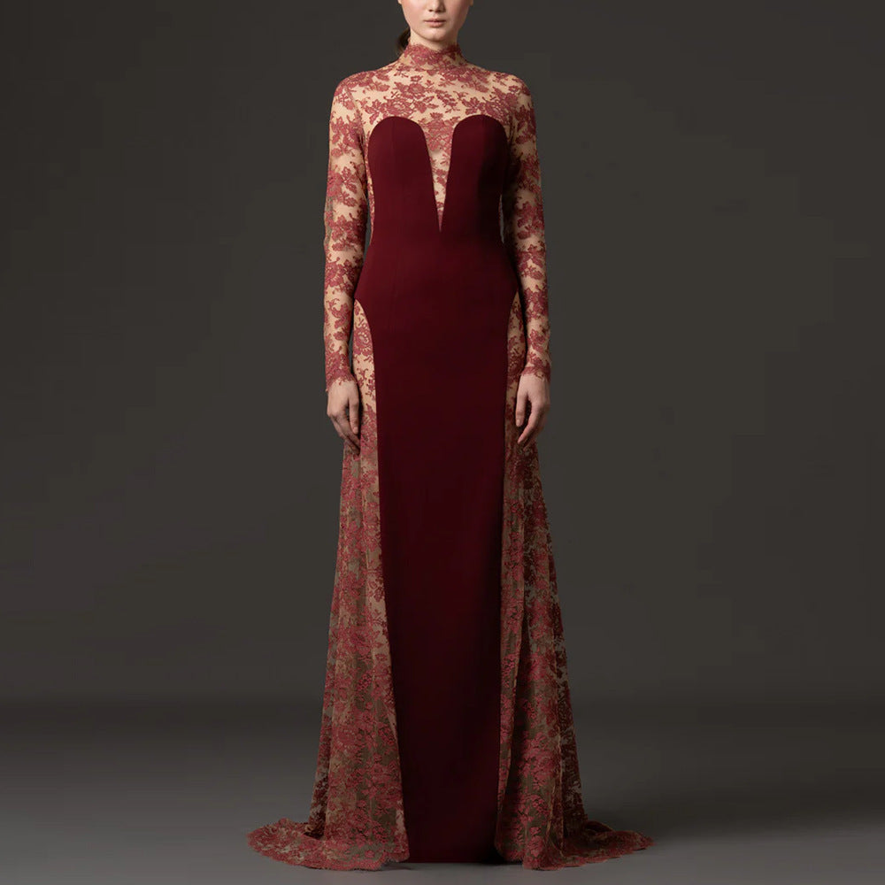 trista Mesh embroidery patchwork maxi dress - red