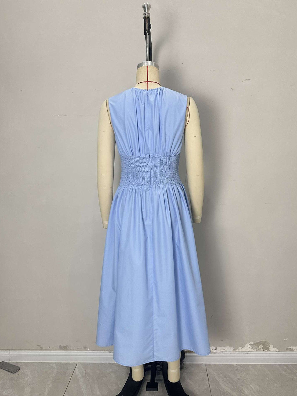 Flowering Girl Women Light Blue Sleeveless Round Neck Twisted Waist Midi Dress Side Pocket Flowy Summer Dress
