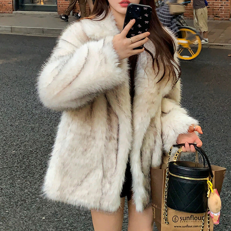 Flowering Girl Women suit collar imitation fox fur coat
