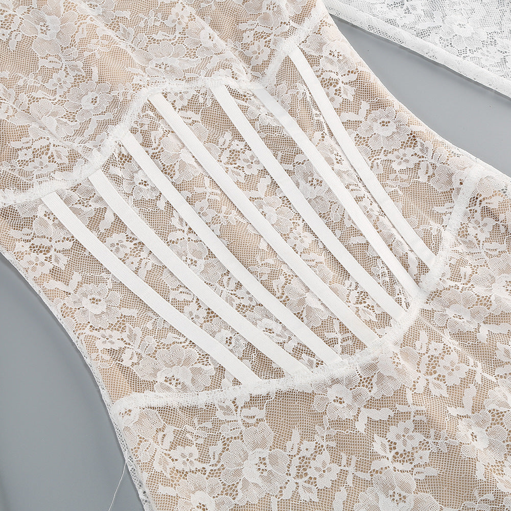 Lace jacquard fishbone bodycon mini dress in white