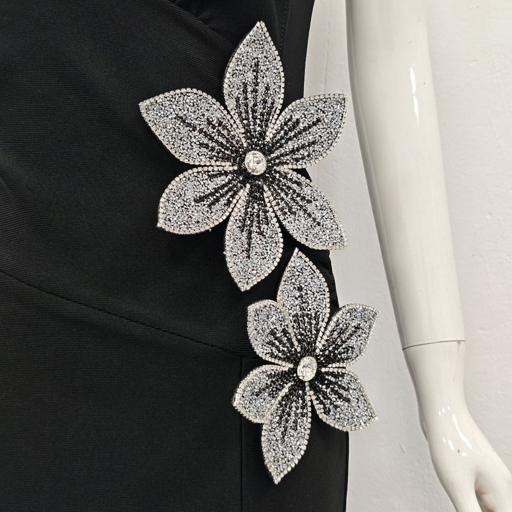 rita black 3D Floral Rhinestone Bodycon Slit Maxi Bandage Dress