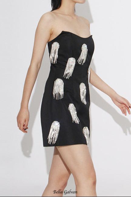 Flowering Girl Women Flor Sleeveless Diamond Tassels Mini Dress in black