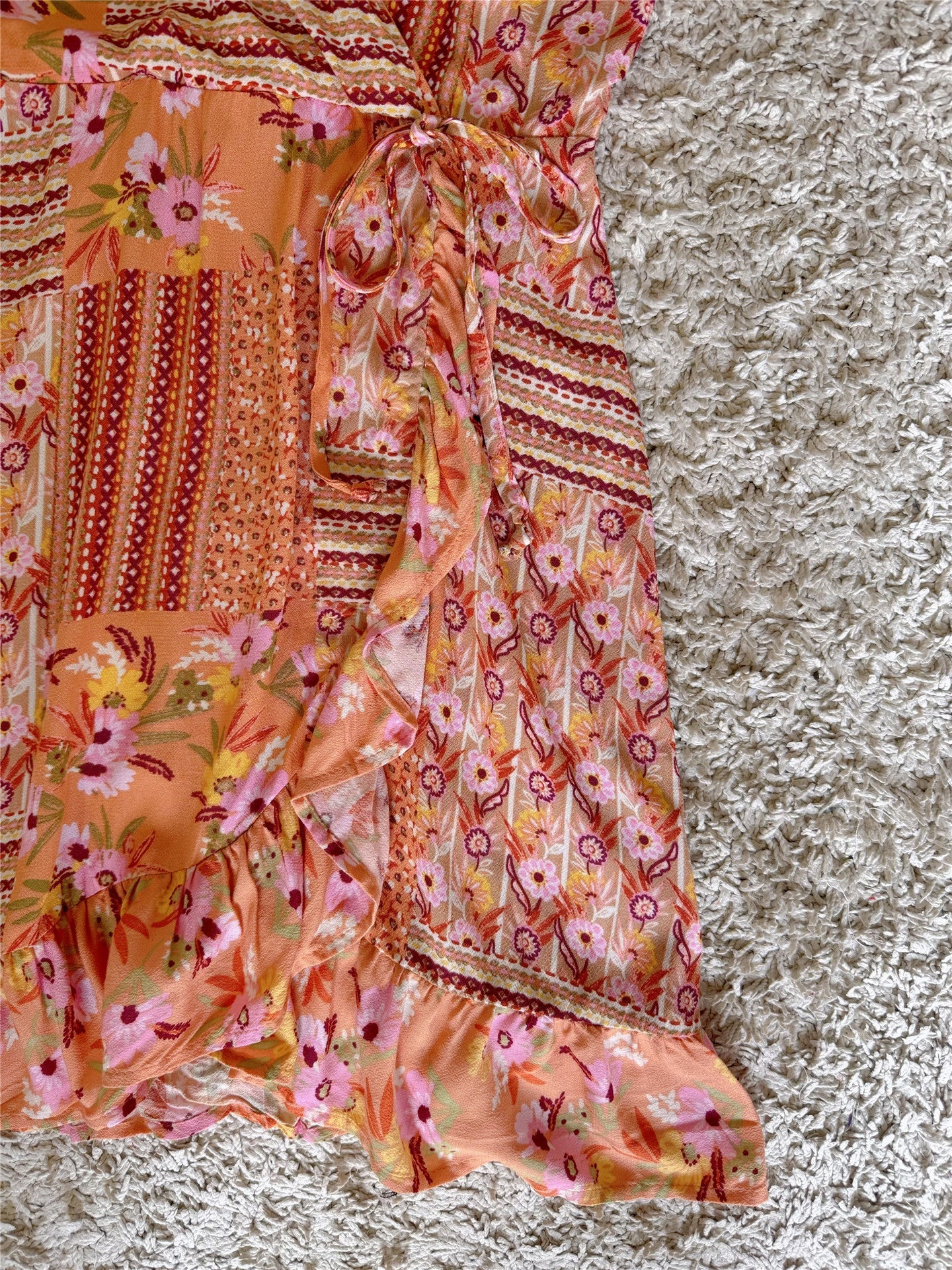 floral ruffle side tie V-neck slip dress