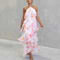 Floral Ruffle Halter Neck Midi Dress - pink