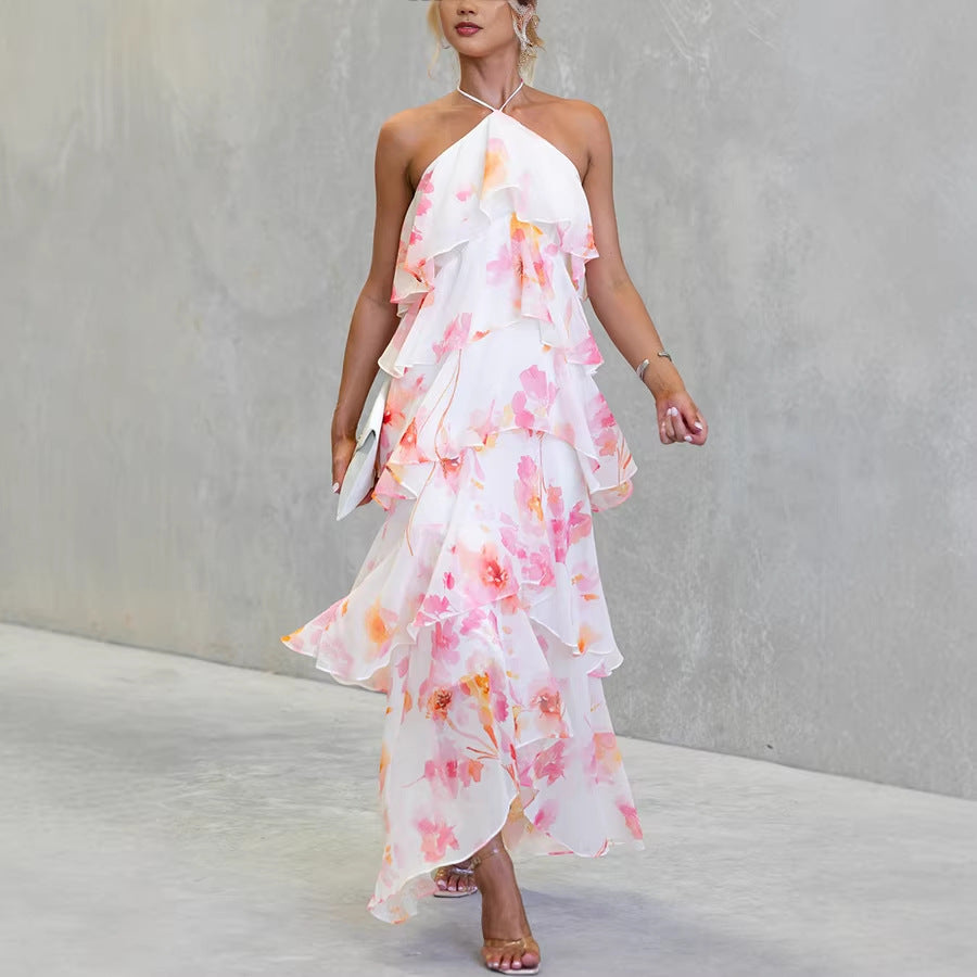 Floral Ruffle Halter Neck Midi Dress - pink