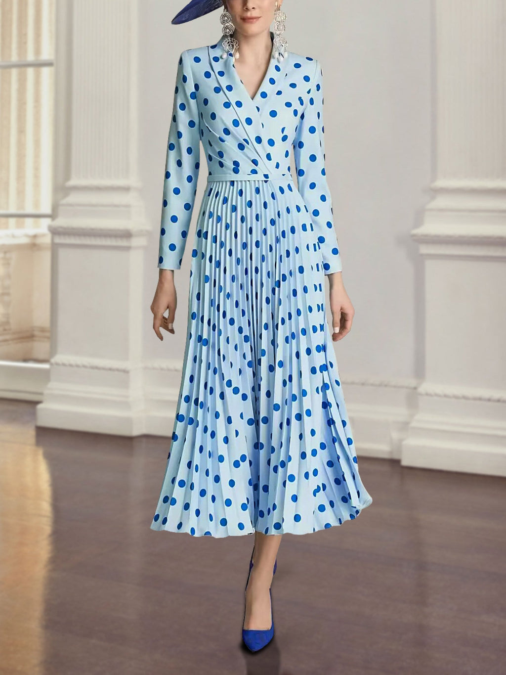 Blue Polka Dot v-Neck Long Sleeve Pleated Dress