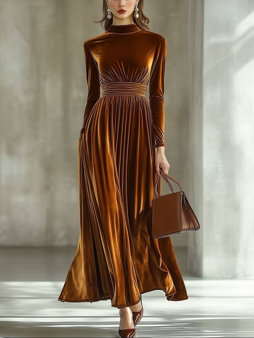 Gold Velvet Long-Sleeved Dress
