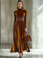 Gold Velvet Long-Sleeved Dress