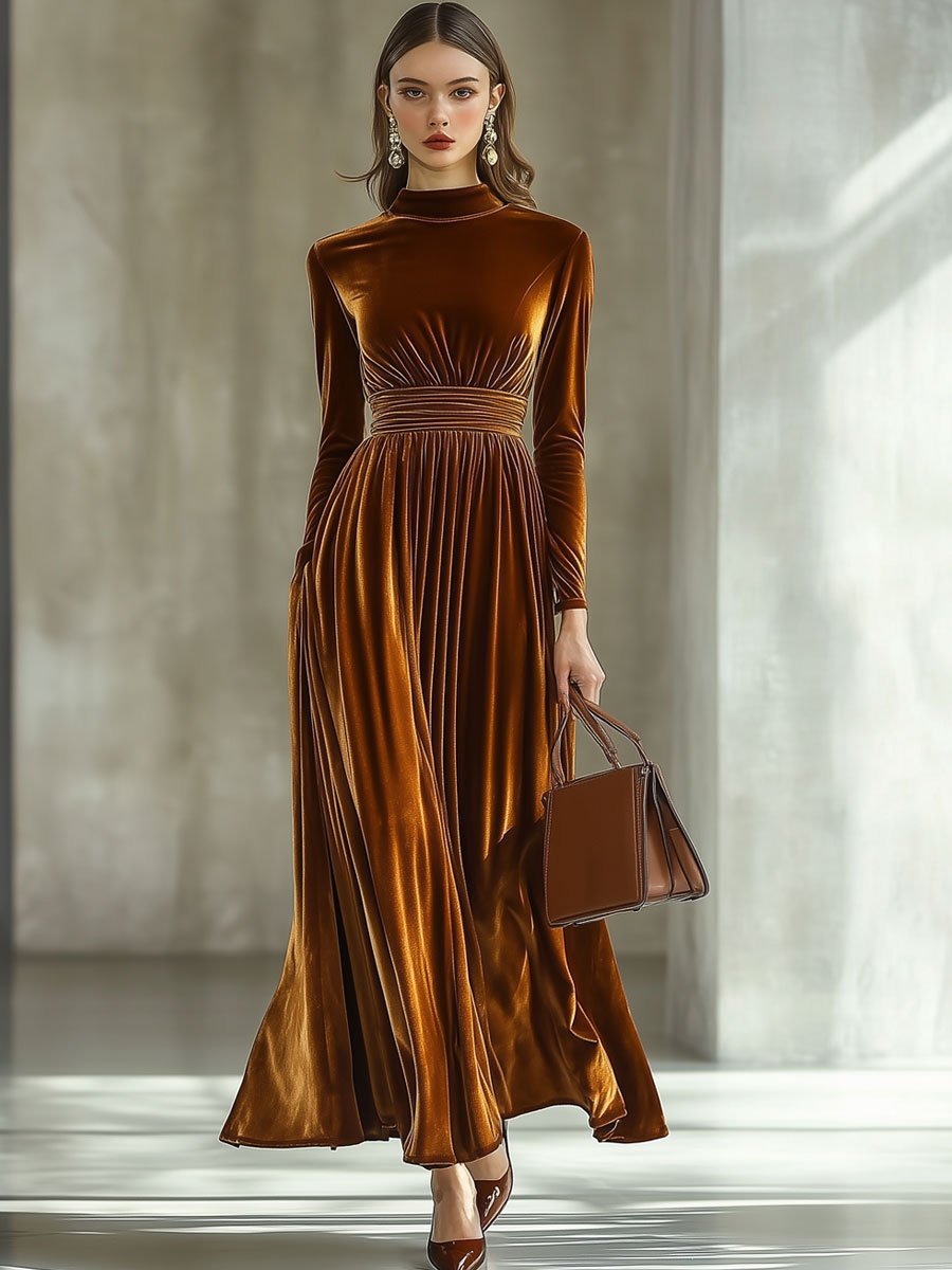 Gold Velvet Long-Sleeved Dress