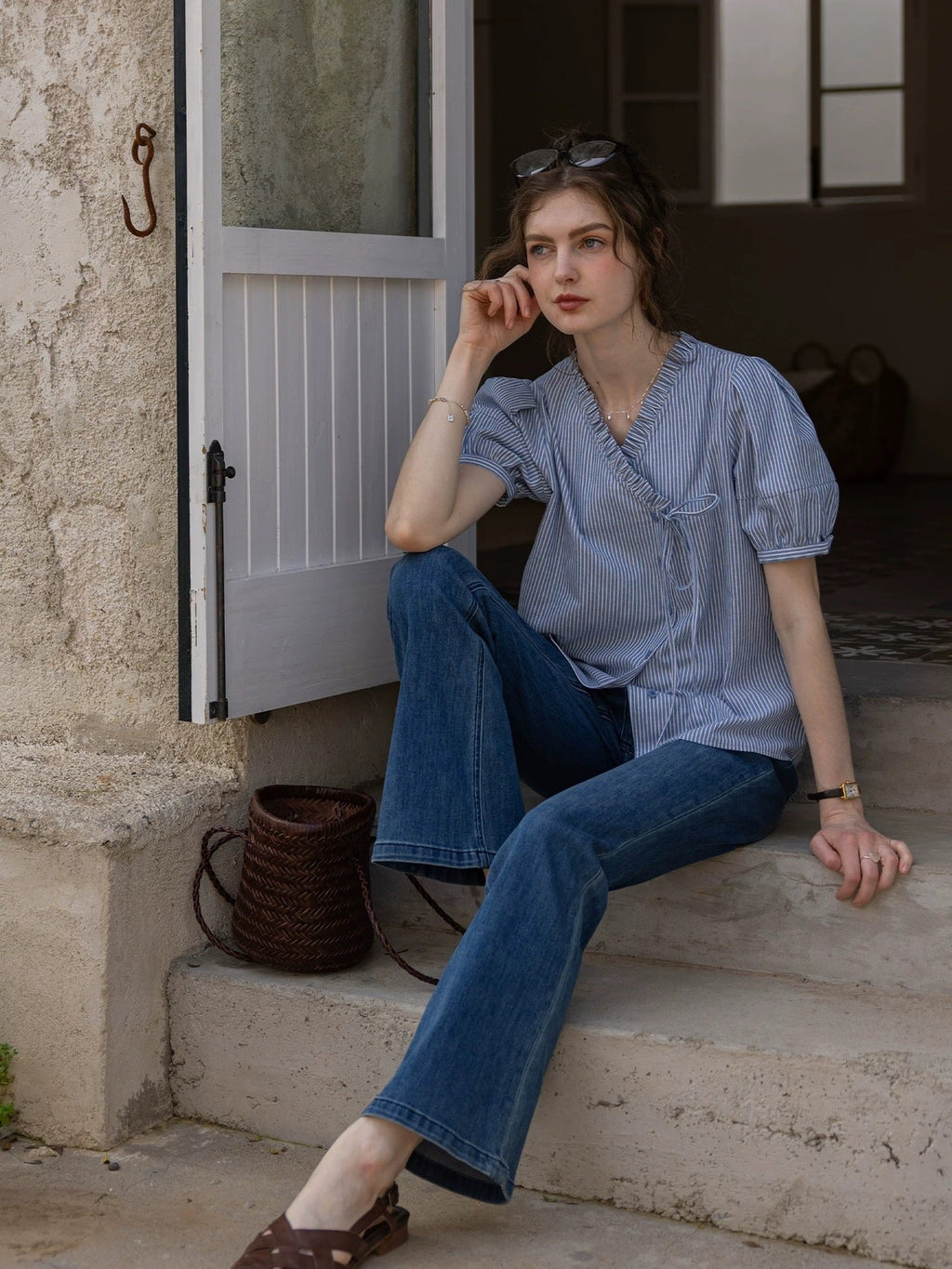 Flowering Girl Women blue cotton asymmetrical striped puff-sleeve shirt