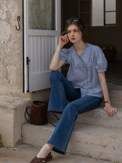 blue cotton asymmetrical  striped puff-sleeve shirt