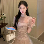 Sheer Mesh Rhinestone High Neck Tulle Mini Dress