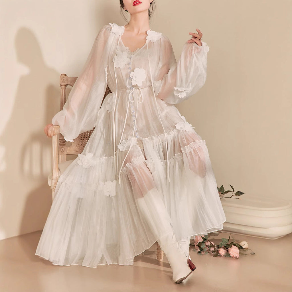 Three-Dimensional Flower Embroidery Lace-Up Maxi Dress
