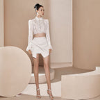 Lace Stand-Up Collar Long Sleeve Bow Skirt