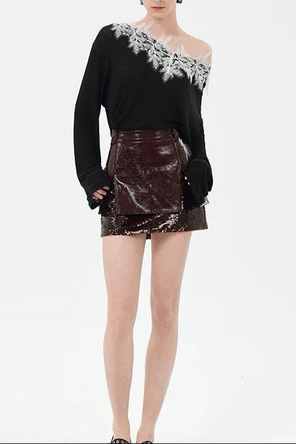 camille sequin embellished leather mini skirt in burgundy