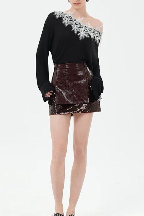 Camille Sequin Embellished Leather Mini Skirt In Burgundy