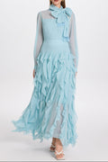 bonnie blue Bow Neck Tiered Ruffle Maxi Dress
