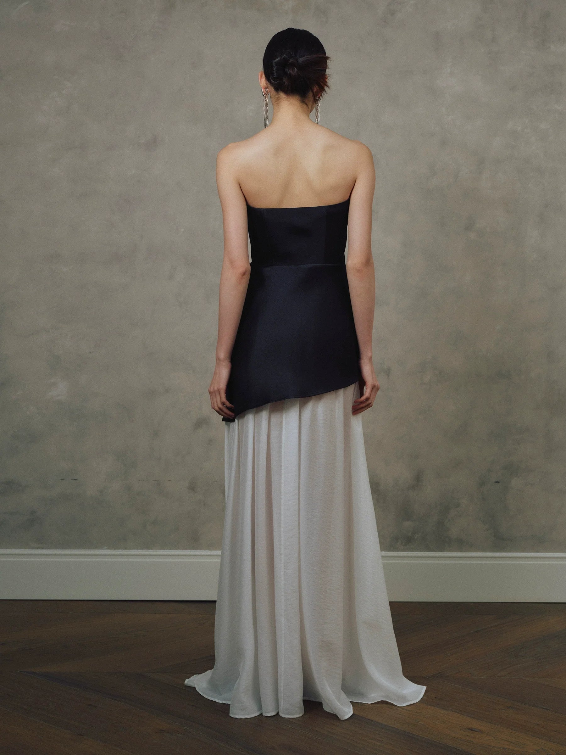 Satin Spliced Tulle  Strapless Maxi Dress In Black And White