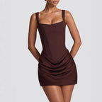 Flowering Girl Women Square Neck Ruched Bodycon Mini Dress