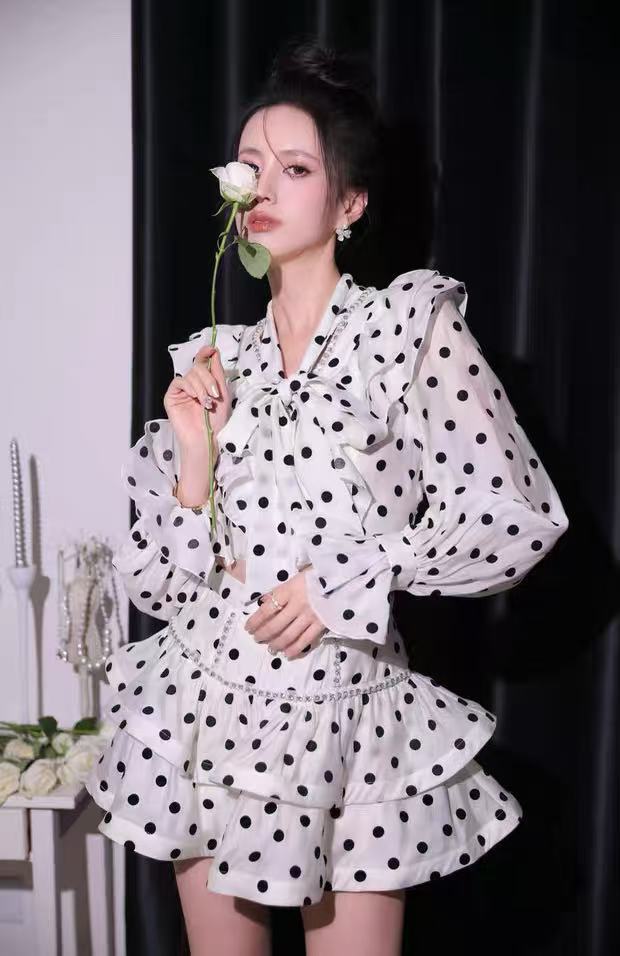 Flowering Girl Women Black-White Polka Dot Ruffled Long-Sleeved Top With Puffy Skirt