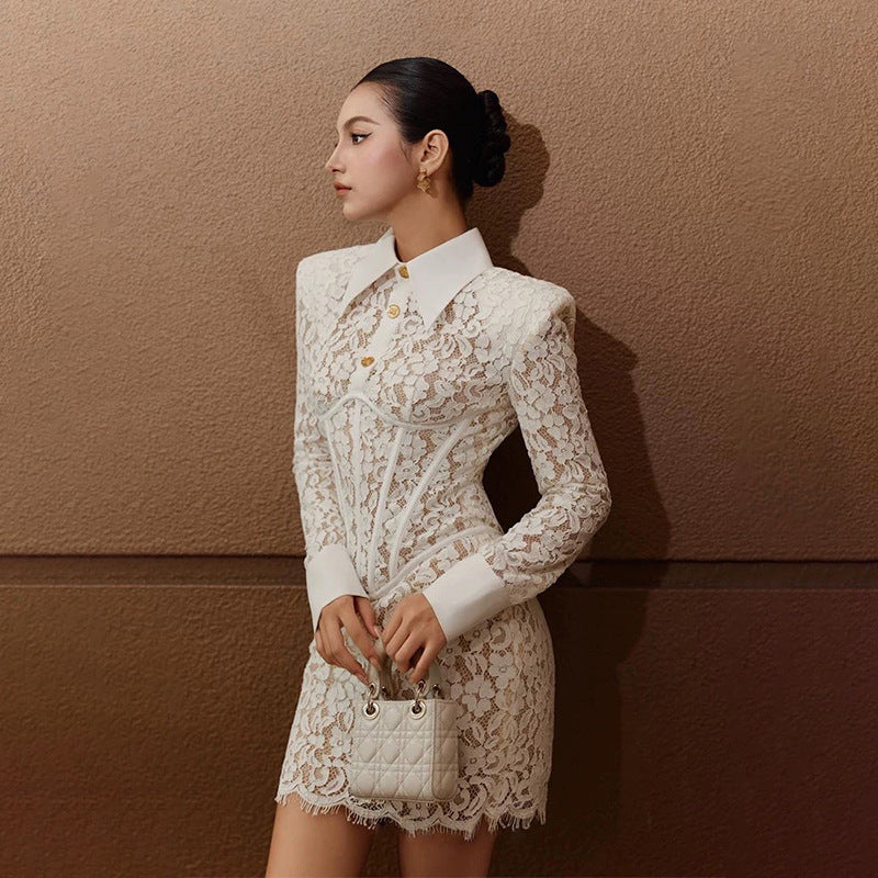 aaliyah long sleeve Embroidered Lace bodycon Mini Dress in white